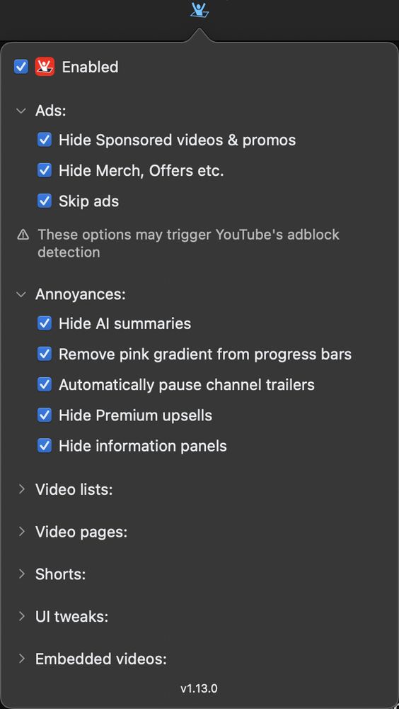 Control Panel for YouTube v1.13.0 options popup in macOS Safari
