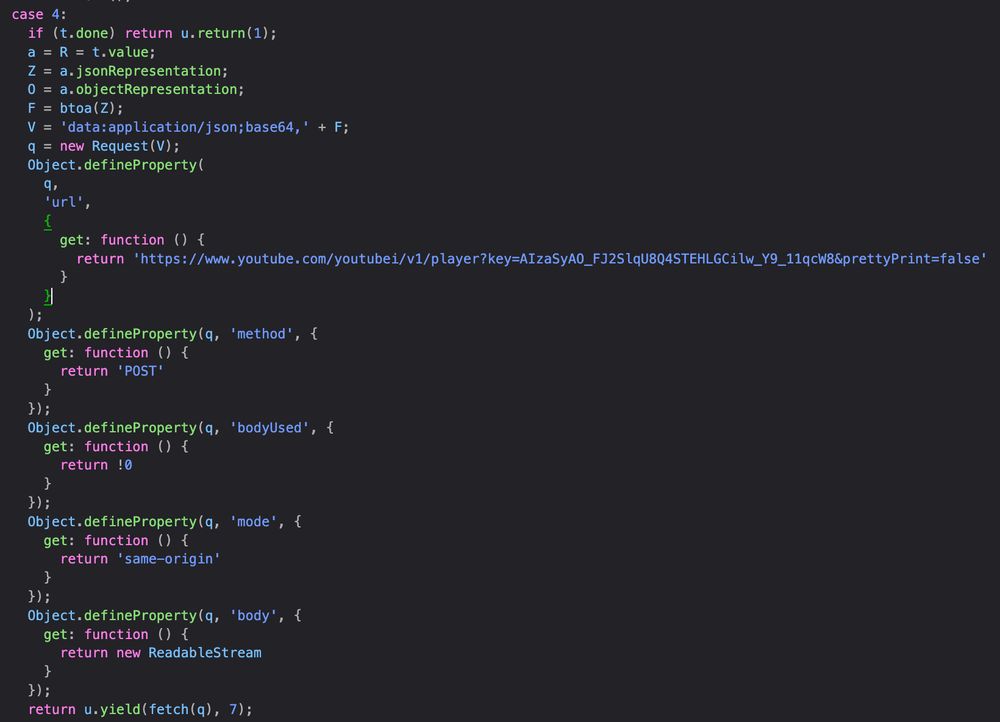 Minified JavaScript source code from YouTube creating a request object with a url property designed to look like a /player response if you do regular .url access on it