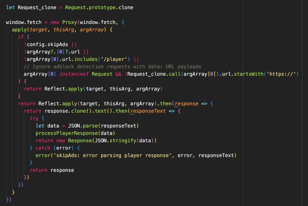 Code for a JavaScript window.fetch Proxy which modifies the result of the /player request, ignoring YouTube's dummy request