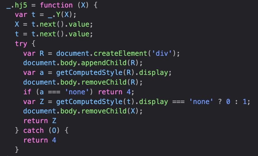 Minified YouTube source code which adds an element to <body>, immediately checks if it's visible and removes it