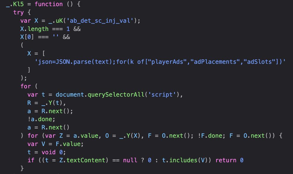 Minified YouTube source code which checks if any of the <script> elements in the document contain a particular string which must be shared by certain content blockers