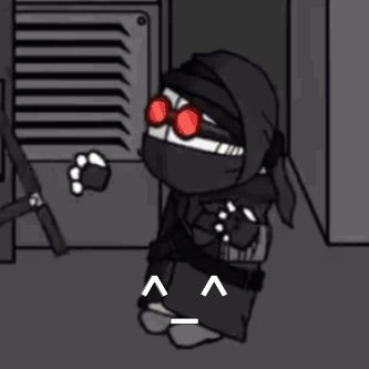 a black and white cartoon character with red eyes is standing in front of a door .