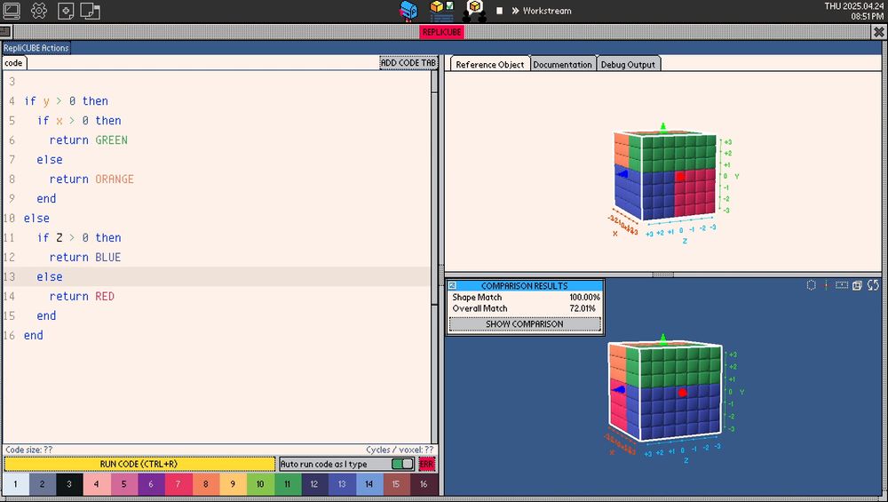 A screenshot of the game "Replicube", featuring some code on the left and 2 colourful cubes on the right