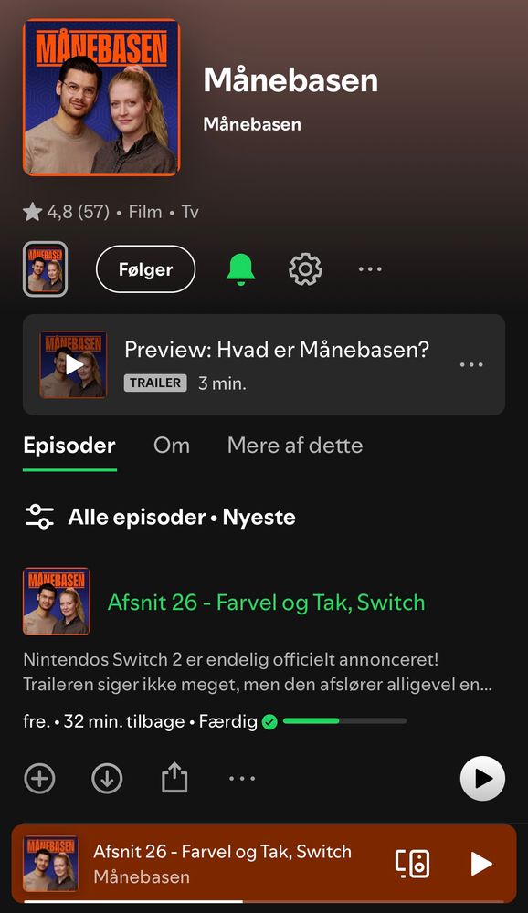 Screen shot af Spotify interface fra telefon, af Månebasen podcast 
