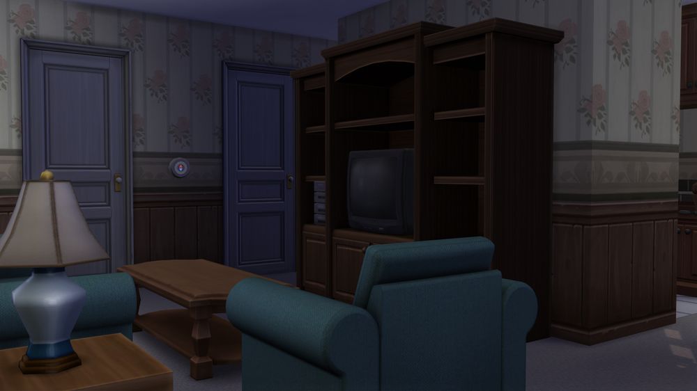 A screenshot of a 1990s era living room in the Sims 4, showing an entertainment center with CRT tv, green chair and couch lamps.