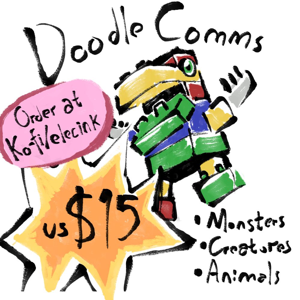 Toyagumon from digimon with text: Doodle comms, US$ 15, monsters, creatures and animals, order at ko-fi.com/elecink 