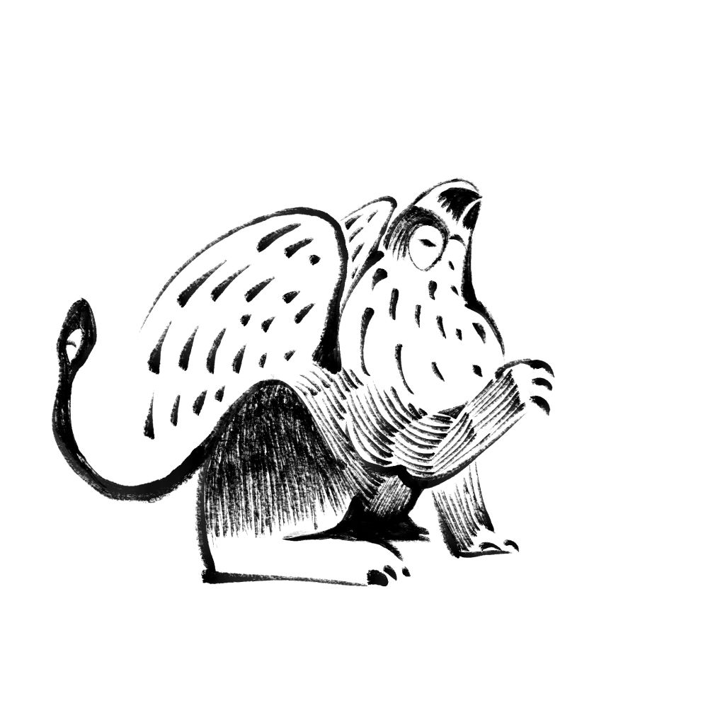 A gryphon, a mythical animal with the head and wings of a bird, the body of a lion and a snake for a tail 