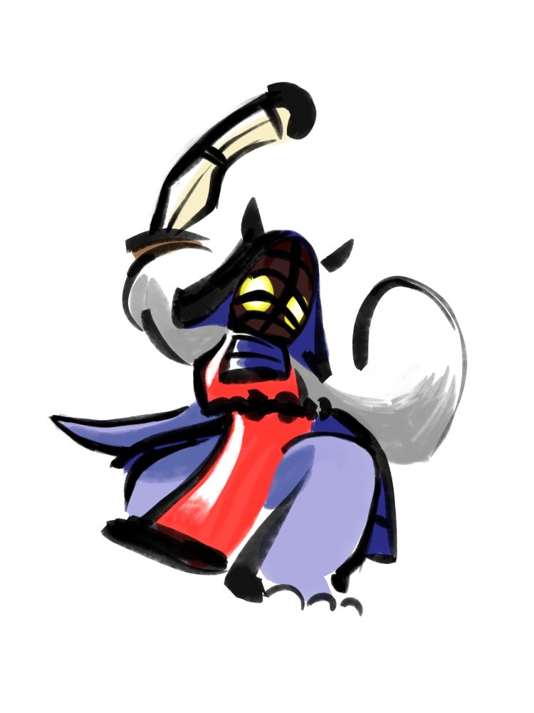 Kotemon from digimon, a small lizard wearing kendo armour, swinging a practice sword 
