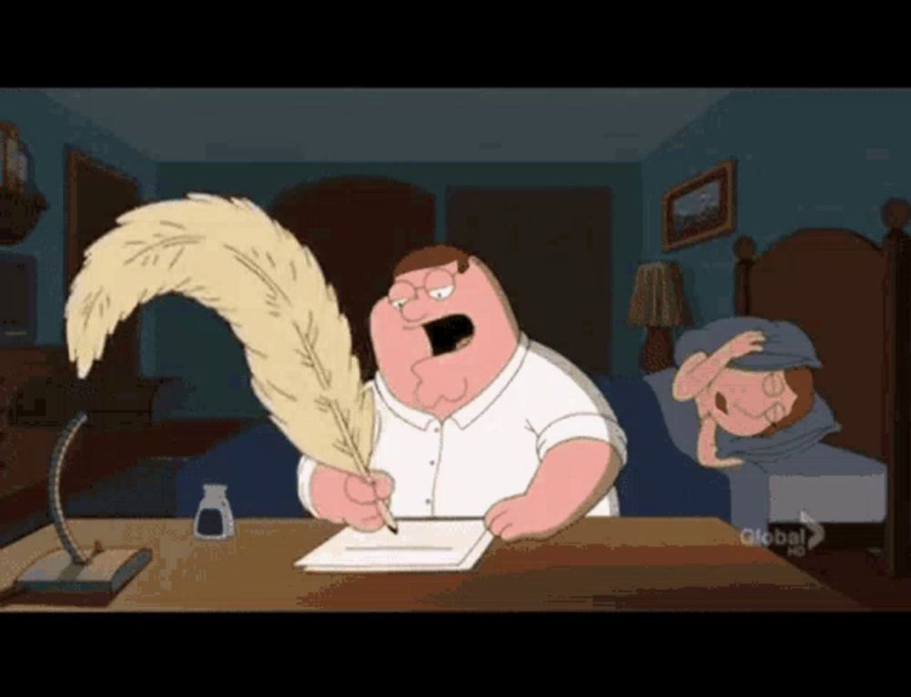 a cartoon of peter griffin writing with a quill pen