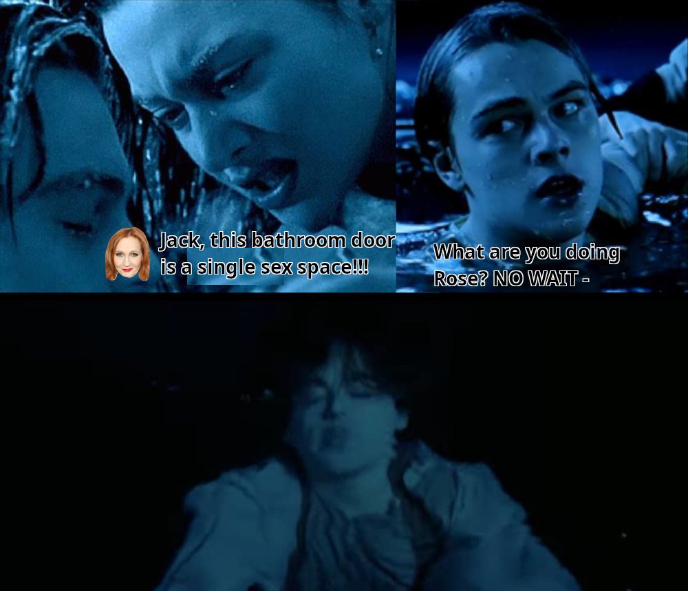 A meme from the death scene of Jack in Titanic. In the first pic jack is the water covered in ice and rose looks at him. At the bottom is the head of Rowling taking the role of Rose saying "Jack, this bathroom door is a single sex space!!!". The second pic is Jack looking a little shocked still in the water saying "What are you doing Rose? NO WAIT - ". The last pic is Jack sinking in the water drowning.