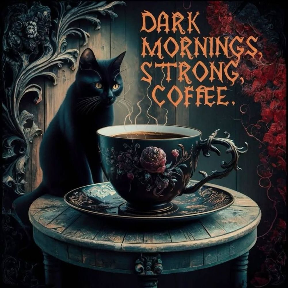 Schwarze Katze sitzt neben dampfender, dunkel verzierter Kaffeetasse auf rundem Holztisch, daneben Text 'DARK MORNINGS, STRONG COFFEE'.