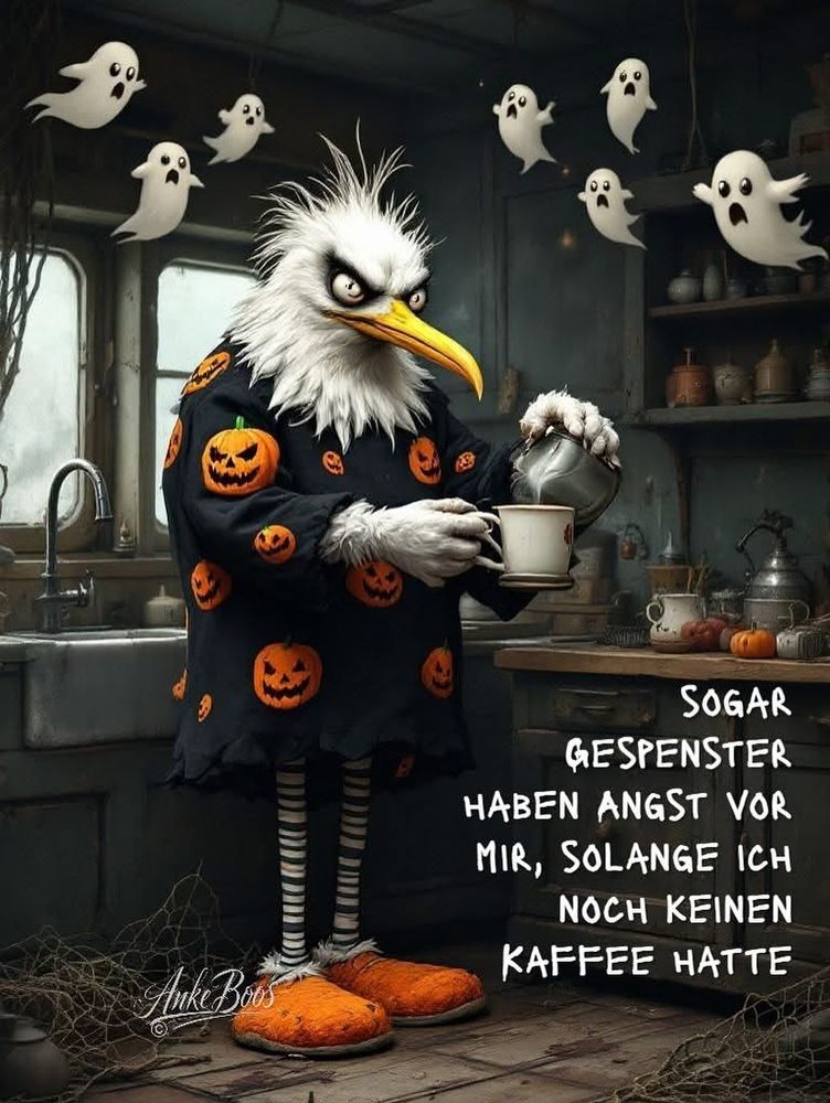 Figur mit Adlerkopf in Pullover mit Kürbismotiven gießt Kaffee in Tasse, umgeben von geisterhaften Figuren, Text: »Sogar Gespenster haben Angst vor mir, solange ich noch keinen Kaffee hatte«.