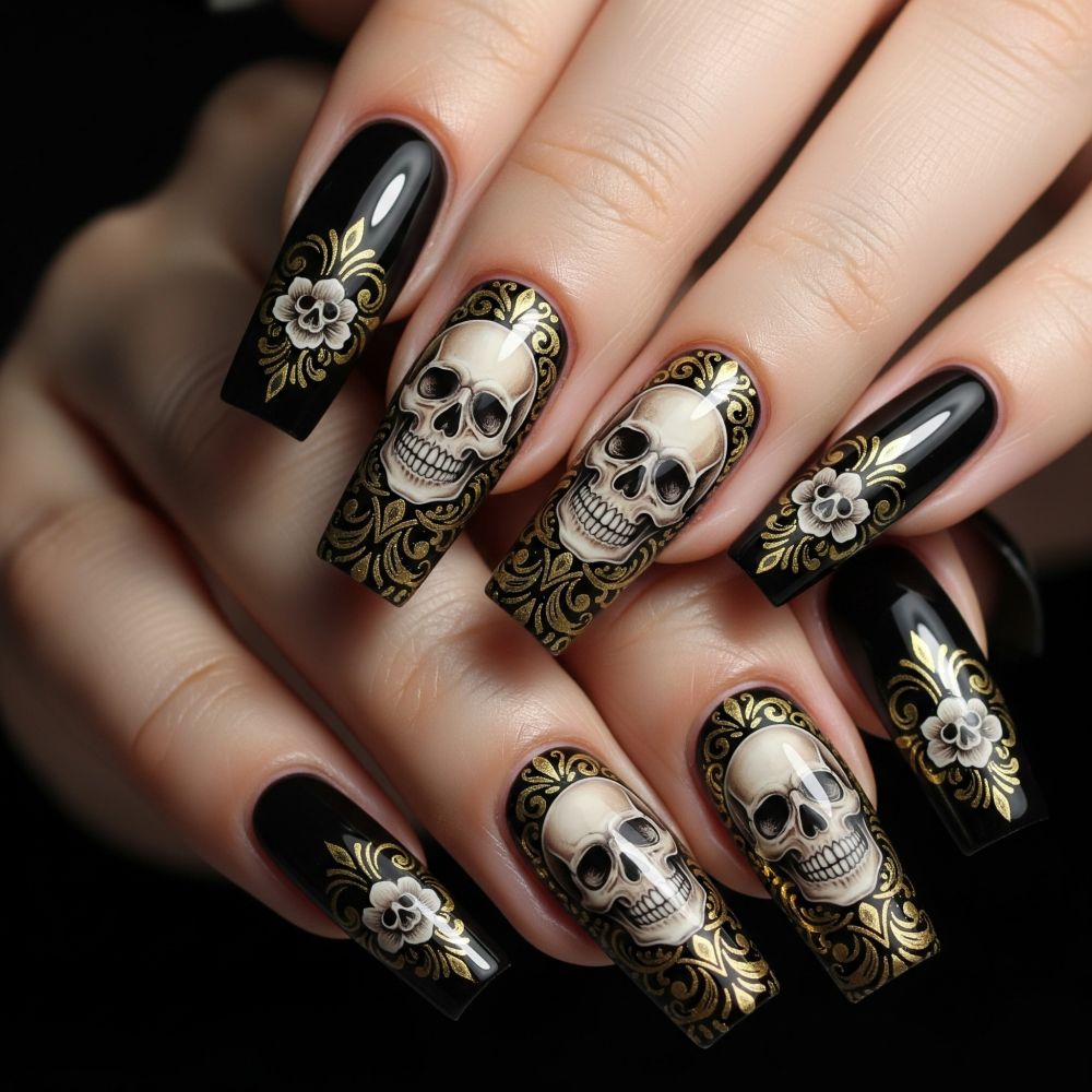 Lange, schwarz lackierte Fingernägel mit goldfarbenen Ornamenten und weißen Blumenmotiven. Auf einigen Nägeln sind realistisch gestaltete Totenköpfe in Weiß und Grau abgebildet, die von goldfarbenen Verzierungen umgeben sind.