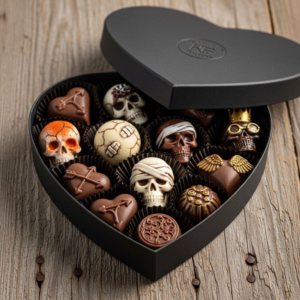 Eine schwarze, herzförmige Schachtel mit geöffnetem Deckel, gefüllt mit verschiedenen Pralinen. Die Pralinen sind kunstvoll gestaltet, darunter mehrere in Form von Totenschädeln, einer mit einem goldfarbenen Kronen- und Brillendekor, einer mit einem Bandagenmuster, und andere mit Verzierungen wie Flügeln, Pfeilen und Ornamenten. Die Schachtel steht auf einer Holzoberfläche.