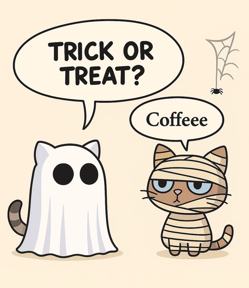 Zwei Katzen in Halloween-Kostümen, eine als Geist mit Sprechblase 'TRICK OR TREAT?', die andere als Mumie mit Sprechblase 'Coffeee', daneben eine Spinne an einem Spinnennetz.