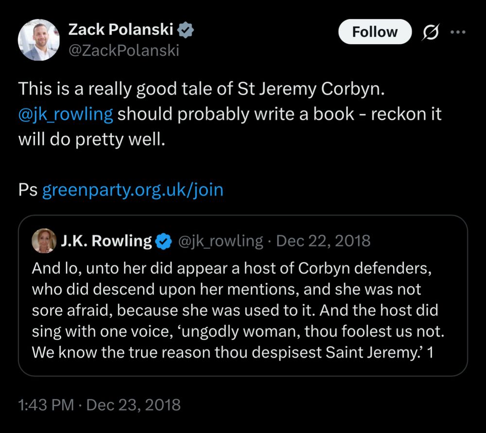zack polanski approvingly retweeting that unhinged biblical corbyn thread jk rowling made