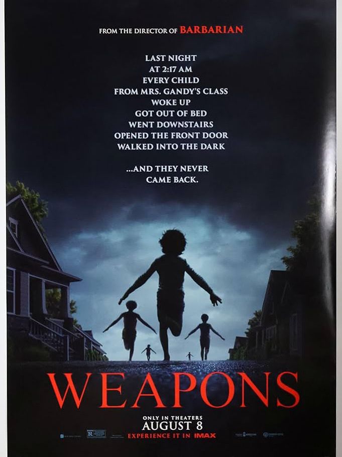 Weapons film poster. Silhouetted children run down a street with their arms out  