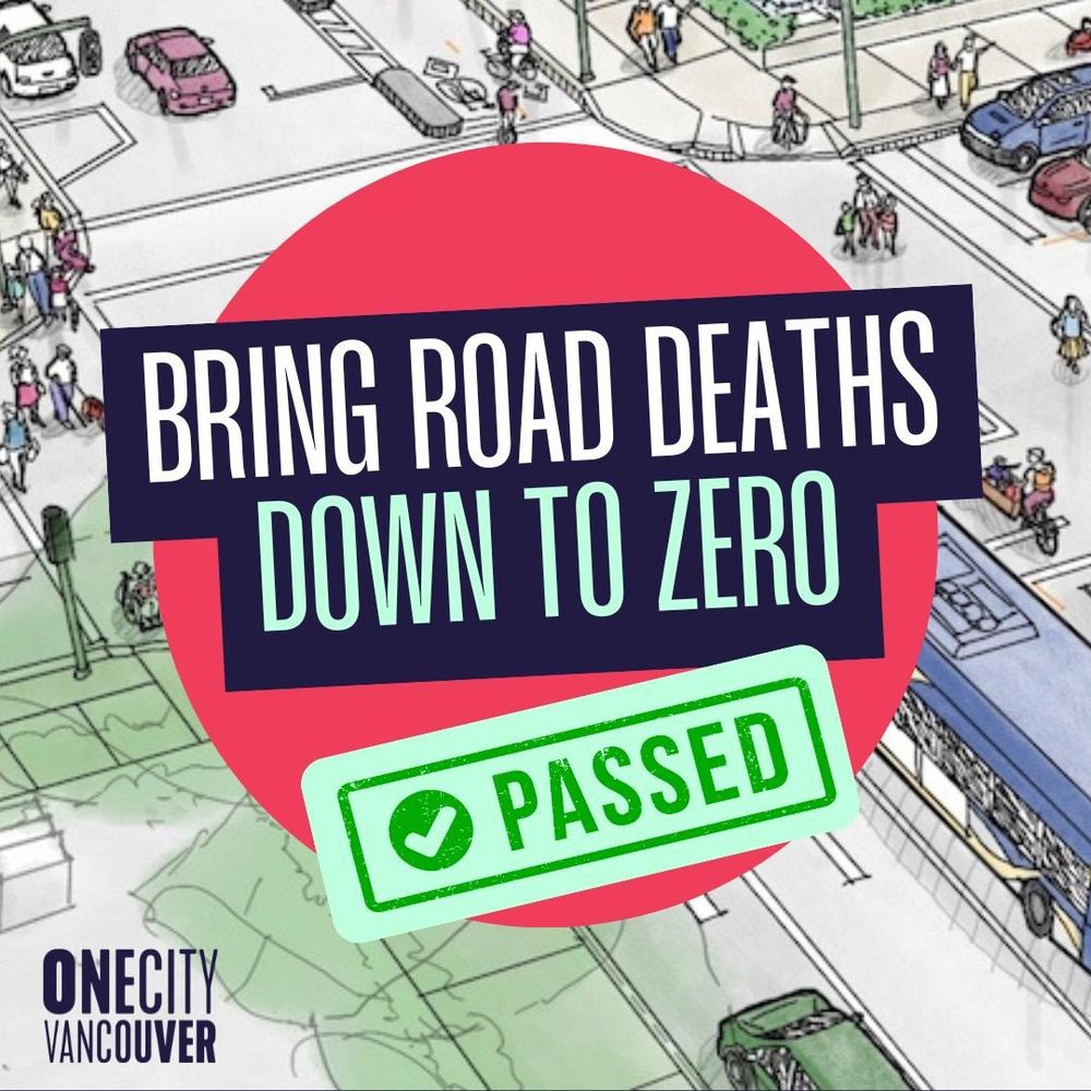 Graphic shows an illustration of a streetscape and with BRING ROAD DEATHS DOWN TO
ZERO text overlay and a PASSED stamp below it.