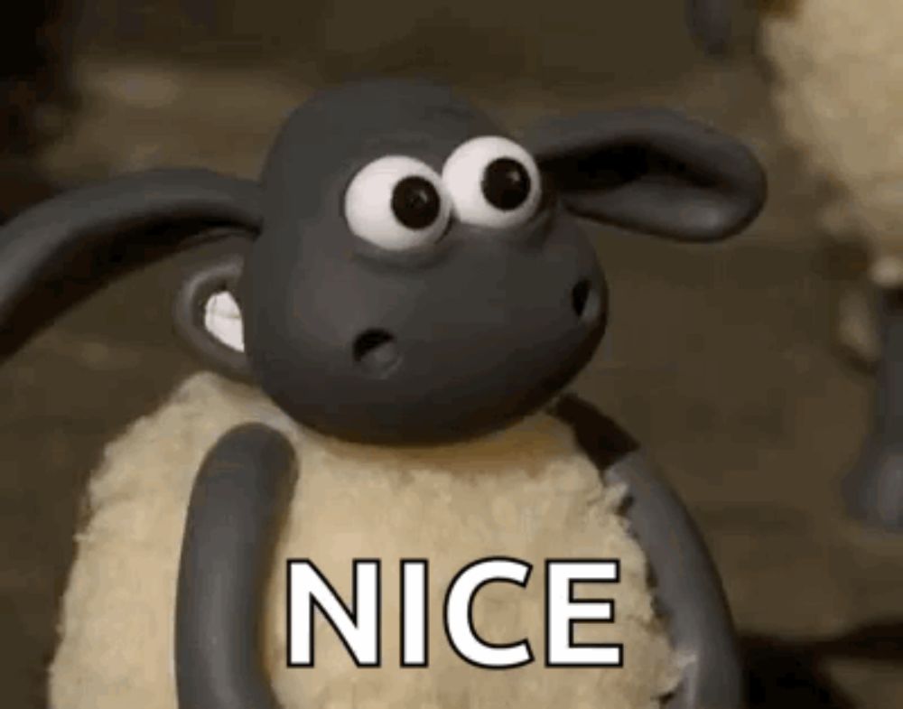 a cartoon sheep with big eyes is holding a sign that says nice .