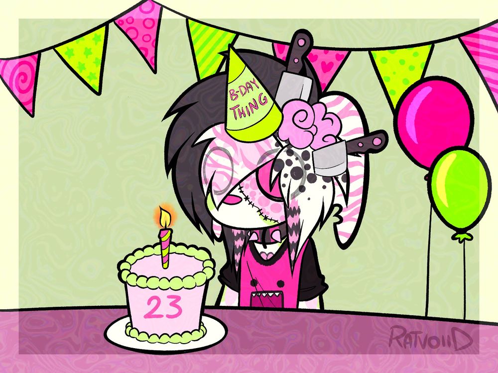 Late 2000s emo artstyle. Drawing of a sparkledog brown and pink striped scene hair and zebra striped floppy ears. Character has a neutral expression. Character is a zombie and has stitches across its face with a pink spotted patch. Cartoon brain is exposed with knives poking out of its head and a party hat with text reading 'b-day thing' on it. Wearing a pink and brown striped, spikey collar and a pink domo shirt. Character is sat in front of a table with a birthday cake on it. Cake is pink with green frosting and has a pink and green striped candle on it. In the background are two balloons to the characters left and pink and green bunting on the plain wall behind it. 