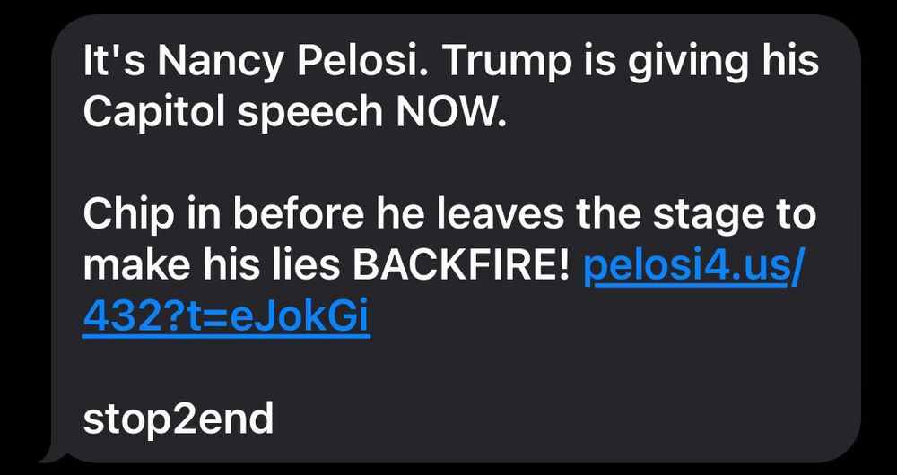 A screenshot of a fundraising text message from Nancy Pelosi. 