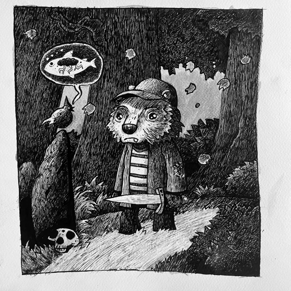 A bear wearing a baseball cap in the woods holding a sword and talking to a shadowy bird. 