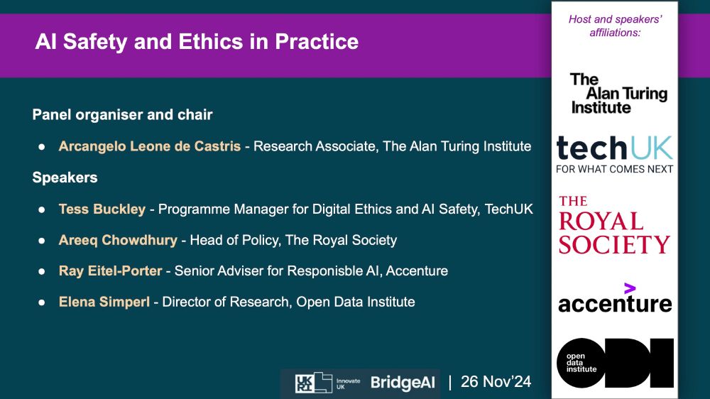 Sesion title: AI Safety and Ethics in Practice,
Panel organiser and chair:
Arcangelo Leone de Castris - Research Associate, The Alan Turing Institute
Speakers:
Tess Buckley - Programme Manager for Digital Ethics and AI Safety, TechUK 
Areeq Chowdhury - Head of Policy, The Royal Society 
Ray Eitel-Porter - Senior Adviser for Responsible AI, Accenture 
Elena Simperl - Director of Research, Open Data Institute
