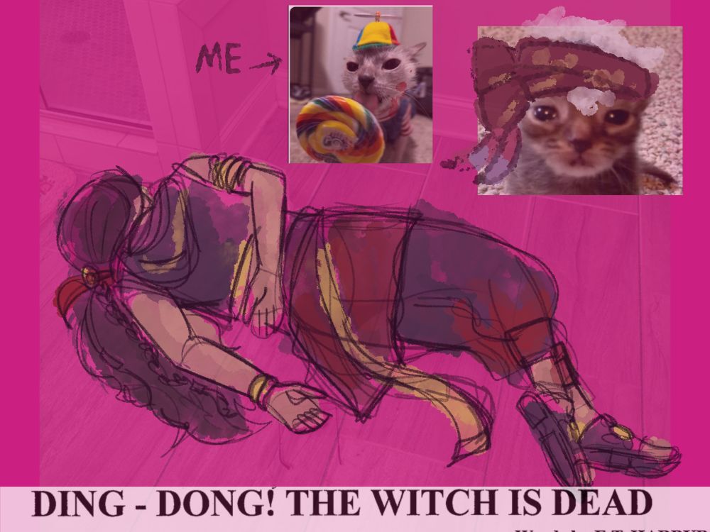 Jamil Viper in the family guy death pose with the caption “DING-DONG! THE WITCH IS DEAD” and two cat memes. One of a crying cat edited to be Kalim and another that has a lollipop and fun hat with an arrow pointed at it with the word “Me” next to it.