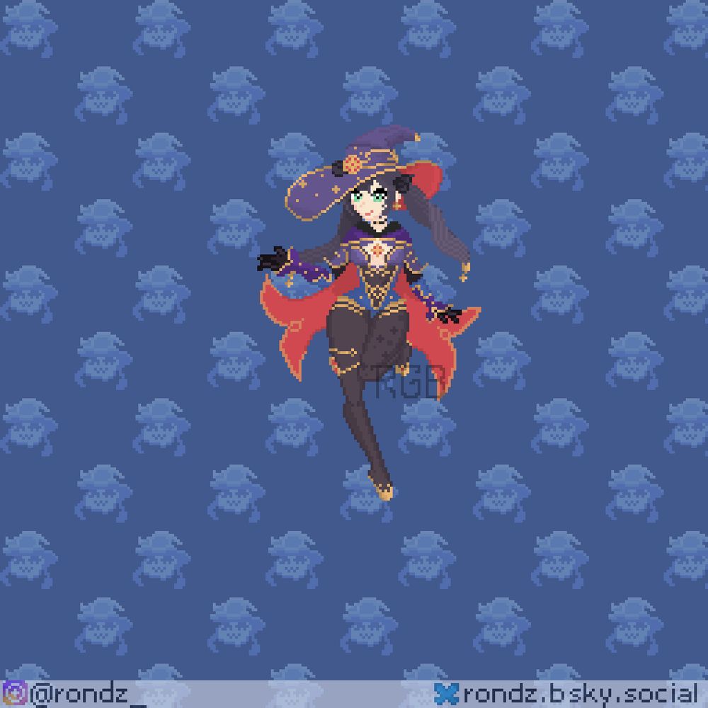 Pixelart da personagem Mona, do jogo Genshin Impact.