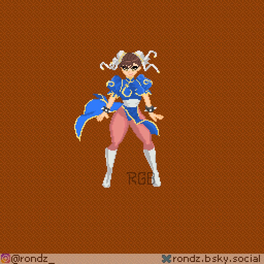 Pixelart da personagem Chun-Li, da franquia Street Fighter.
