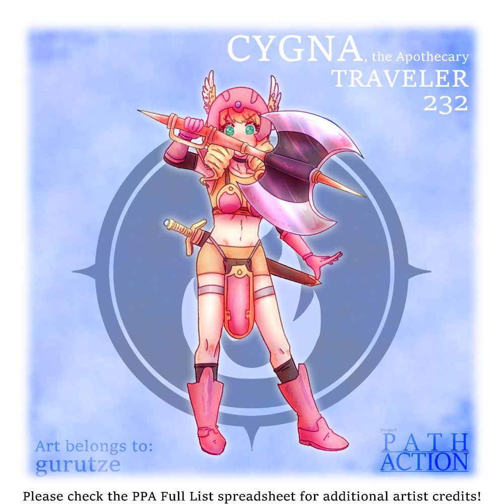 A full body drawing of EX Cygna from Octopath Traveler: Champions of the Continent. EX Cygna was drawn by gurutze.

EX Cygna's pose is with her holding a large battle axe in front of her. She has her body swayed slightly to the side, and her expression has her with determined eyes.