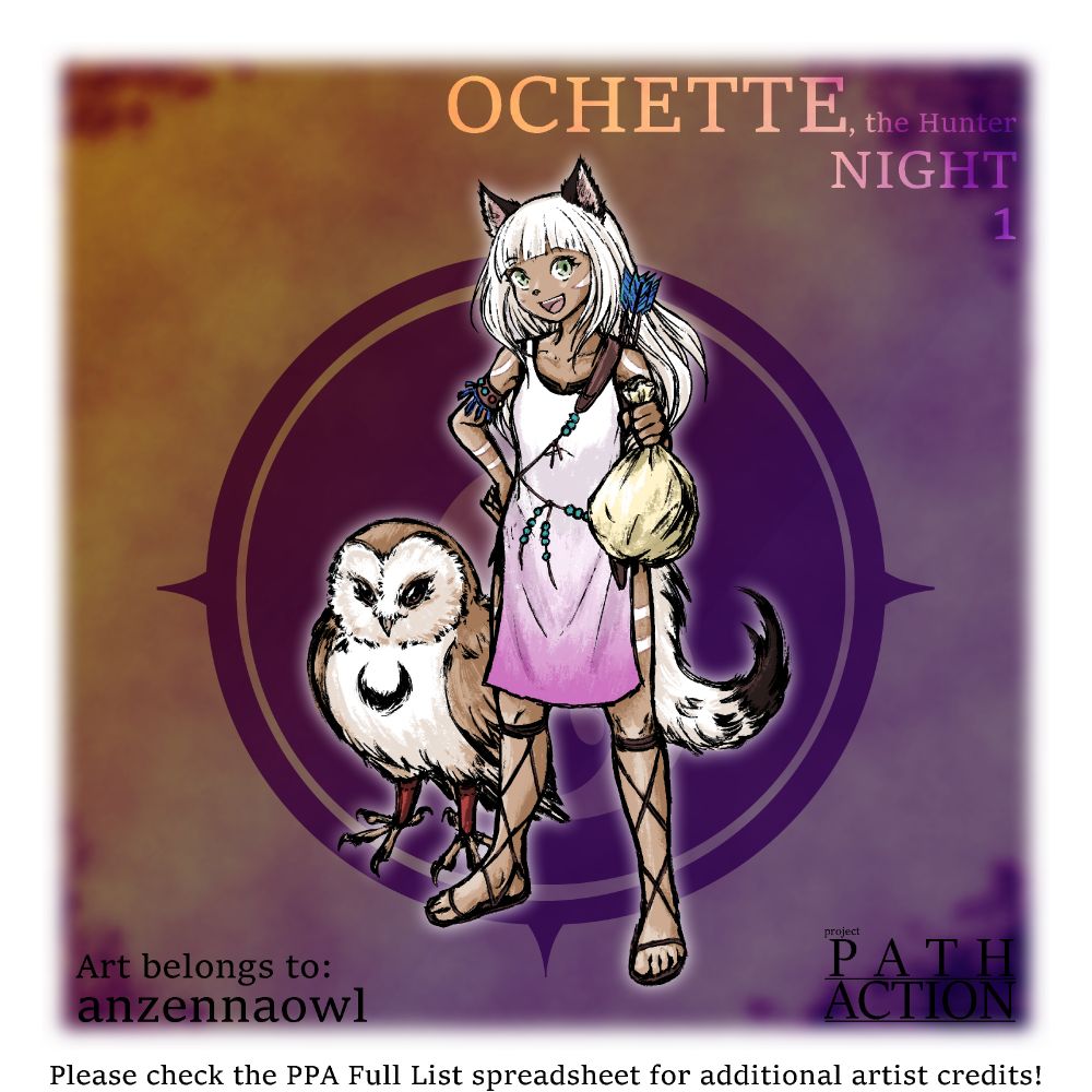 A full body drawing of Ochette from Octopath Traveler II. Ochette was drawn by anzennaowl.

Ochette's Night pose is with her standing with a hand on her hip and holding out a bag towards the viewer. She has a bright smile on her face. Behind Ochette is Mahina, her malamaowl partner.