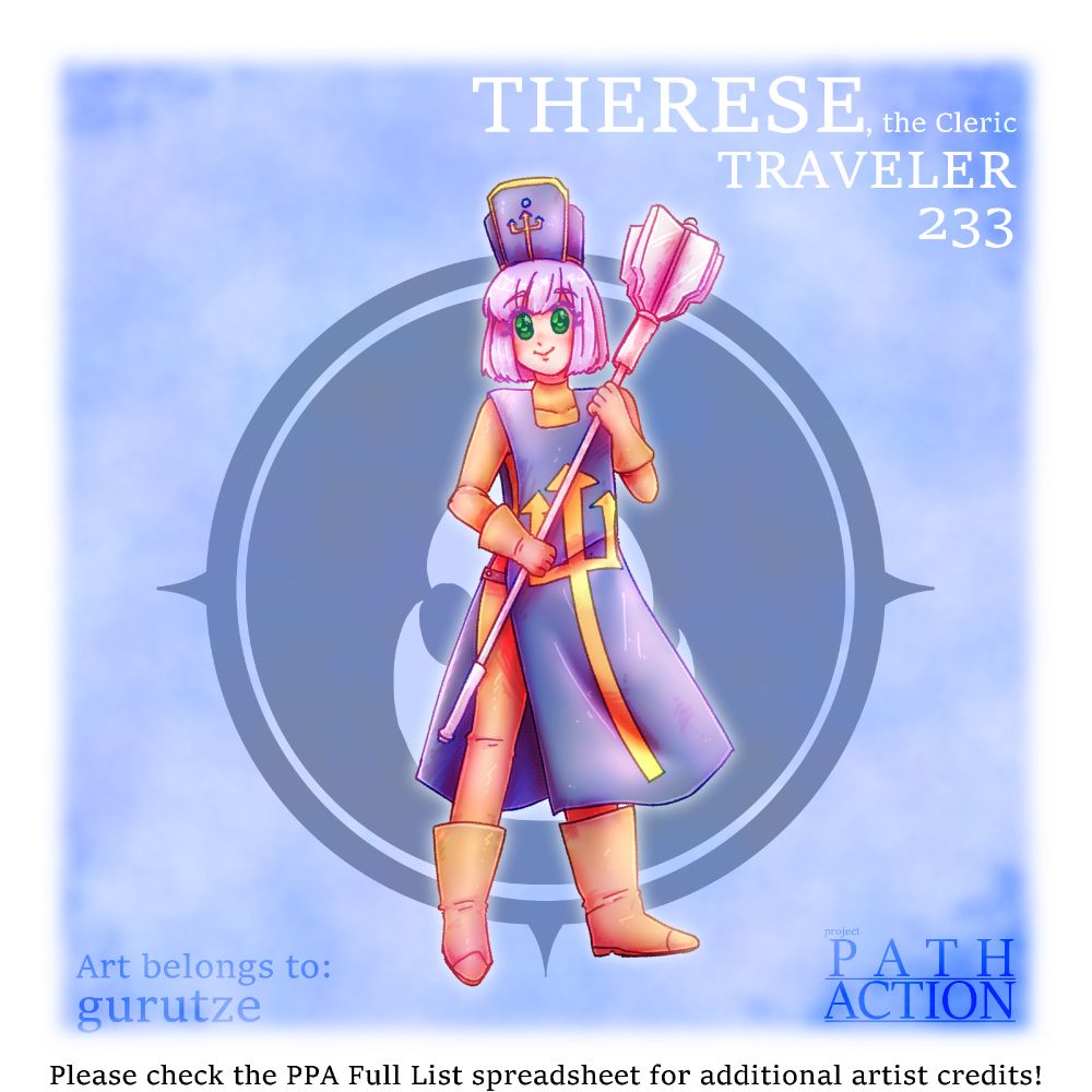 A full body drawing of EX Therese from Octopath Traveler. EX Therese was drawn by gurutze.

EX Therese's pose is with her standing straight forward, holding a mace in her hands. She has a smile on her face and kind eyes.