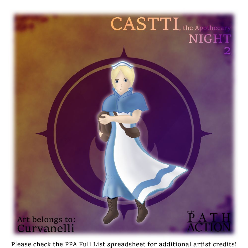 A full body drawing of Castti from Octopath Traveler II. Castti was drawn by Curvanelli.

Castti's Night pose is her standing while holding a jar filled with a medicine meant to soothe. She has a look of determination on her face as she offers it.