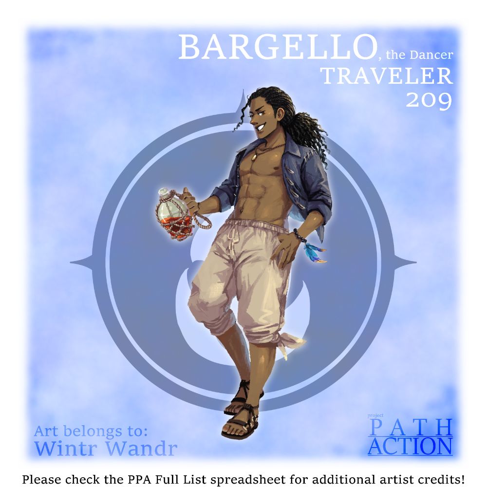 A full body drawing of EX Bargello from Octopath Traveler: Champions of the Continent. EX Bargello was drawn by Wintr Wandr.

EX Bargello's pose is him leaning backwards with a knee bent. In his hand, he holds a glass bottle with tan ropes tied around it to make it able to be held. The bottle is filled with a red beverage. Bargello's expression has him with a grin.