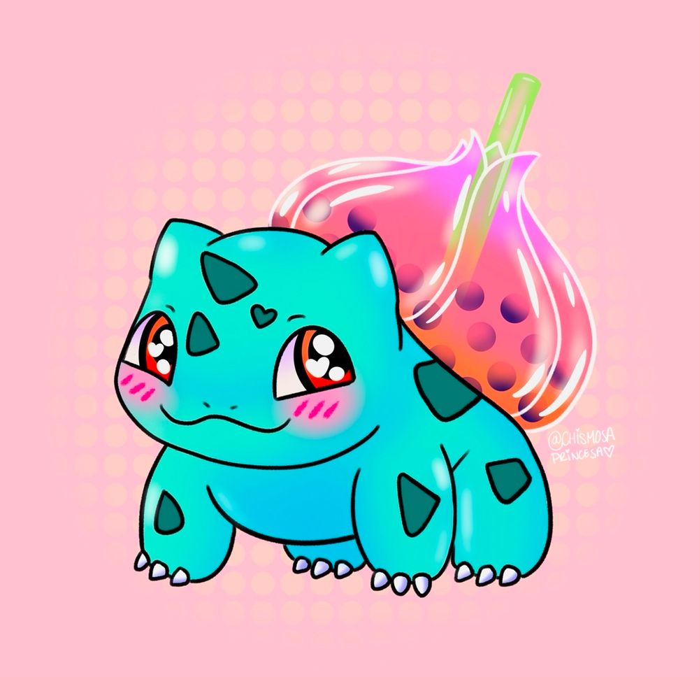 Bulbasaur from Pokémon with Boba inside his big flower bud that is on his back!!