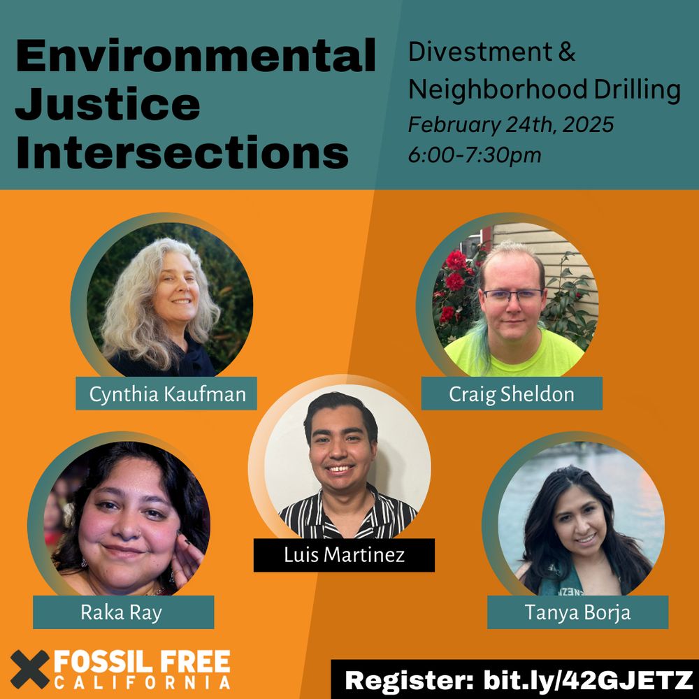 Headshots of the 5 "Environmental Justice Intersections - Divestment & Neighborhood Drilling" webinar taking place on Feb 24th from 6:00-7:30pm. Register: bit.ly/42GJETZ 
