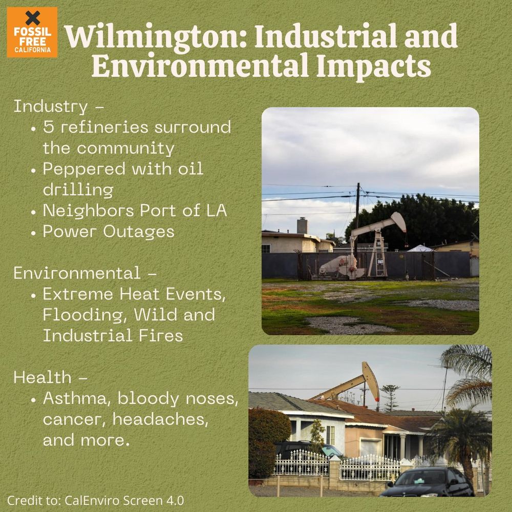 Text Reads: Industrial and Environmental Impacts. Industry - 5 refineries surround the community, Peppered with oil drilling, Neighbors Port of LA, Power Outages. Environmental - Extreme heat events, flooding, wild and industrial fires.. Health - Asthma, bloody noses, cancer, headaches, and more. Credit to: CalEnviroScreen 4.0.