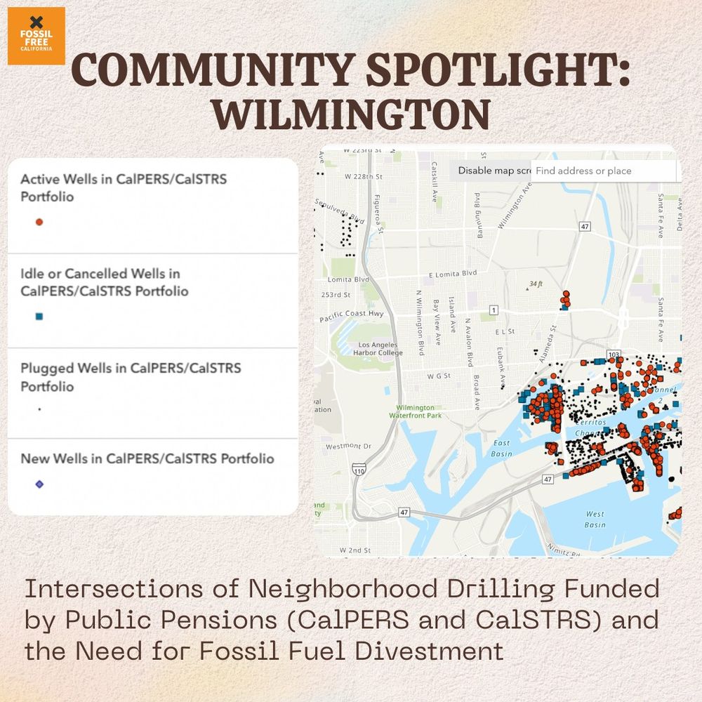 Text reads: Community Spotlight: Wilmington. Active Wells in CalPERS/CalSTRS portfolio are red dots. Idle or Canceled Wells in CalPERS/CalSTRS portfolio are blue squares. Plugged Wells in CalPERS/CalSTRS portfolio are black dots. New Wells in CalPERS/CalSTRS portfolio are purple diamonds. Intersections of Neighborhood Drilling Funded by Public Pensions (CalPERS and CalSTRS) and the Need for Fossil Fuel Divestment.
