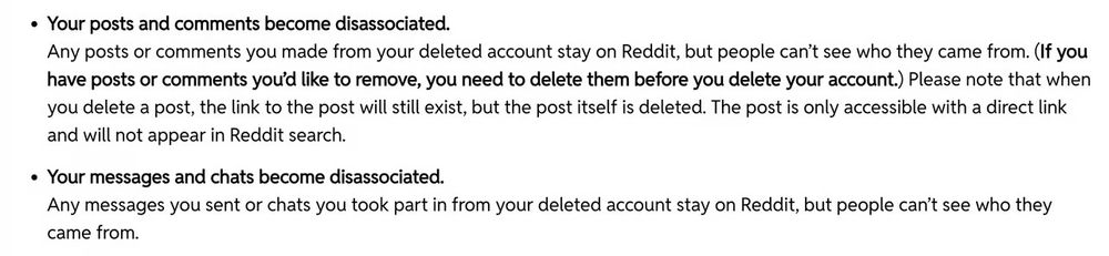 screenshot of reddit FAQ that talks about disassociated posts and comments.