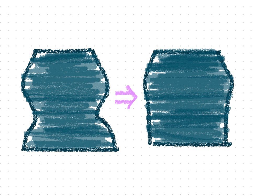 bad drawing of curvier torso shape (left), with an arrow between them pointing towards a more boxy torso shape (right)