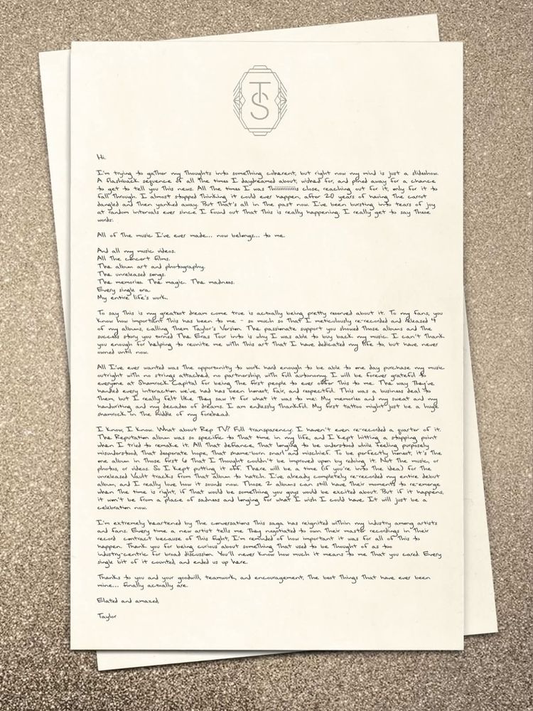 Letter from Taylor swift announcing she has bought the masters of her first 6 albums! 