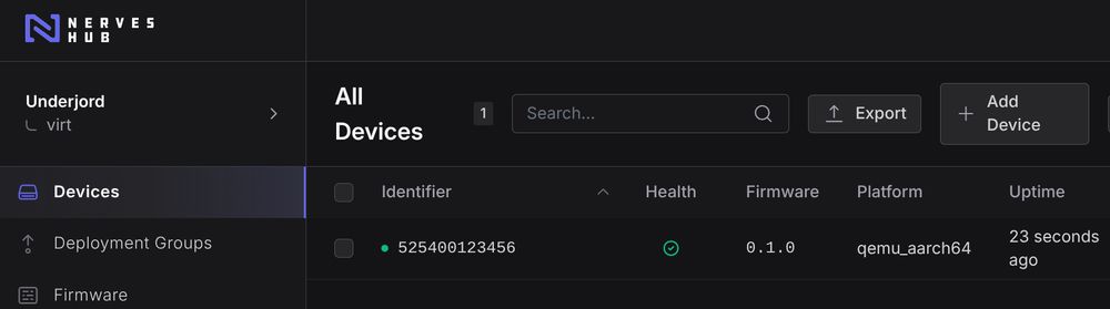 Cropped screenshot from NervesHub showing a device online of type qemu_aarch64. Uptime 23 seconds.