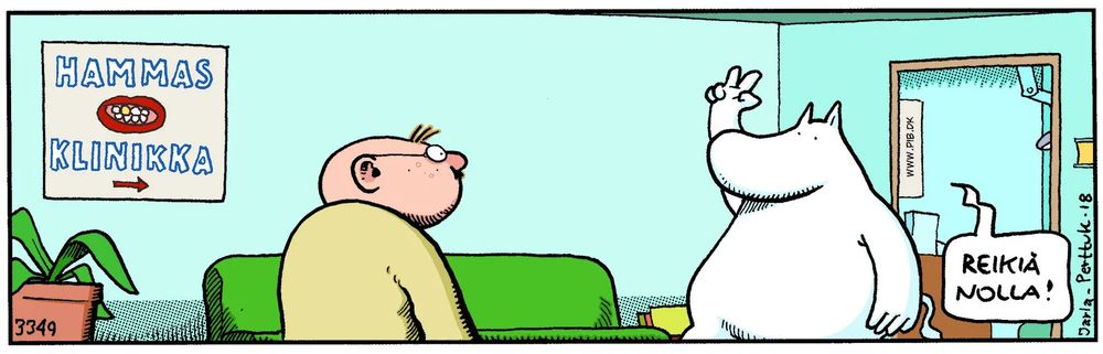 Fingerpori: Muumipeikko lesottaa Heimolle hammasklinikalla, että reikiä nolla.