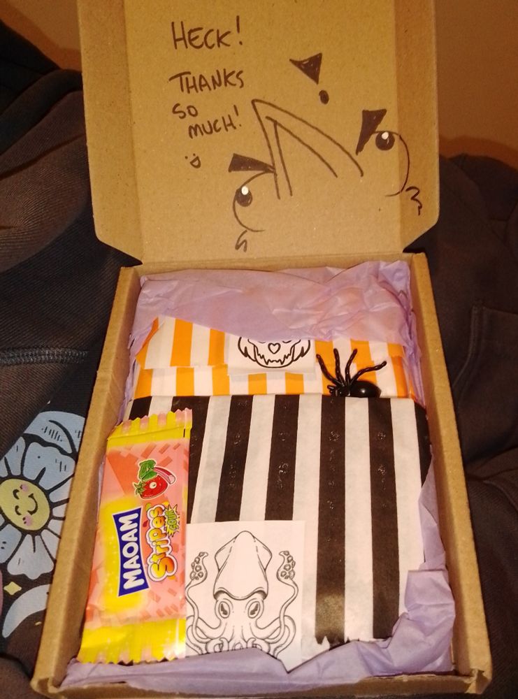 Picture of cardboard box with sealed paper parcels. An angri chicken head (beak and eyes) is drawn on the top half of the box. It's says "HECK! THANKS SO MUCH! :D"
There is purple tissue paper at the bottom a box with a plastic black spider and lolly - which is sadly not vegan, so I'll put out for neighbours/neighbours kids tomorrow.
One parcel is white and yellow stripes with a minimalist dog skull sticker holding it closed.
The other parcel is black and white stripes with an octopus/squid(?) sticker holding it closed.
Everything about the packaging screams love and care.