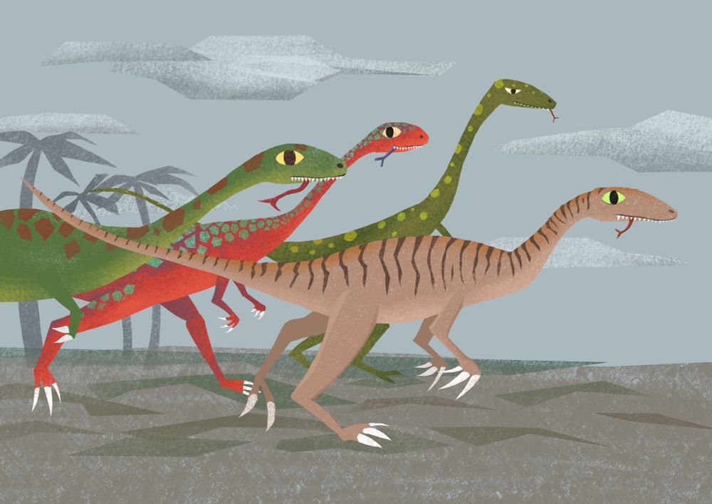 Four dinosaurs, probably some form of raptor, running in a pack, looking derpy. They have forked tongues hanging out, because it makes them look derpier. 
