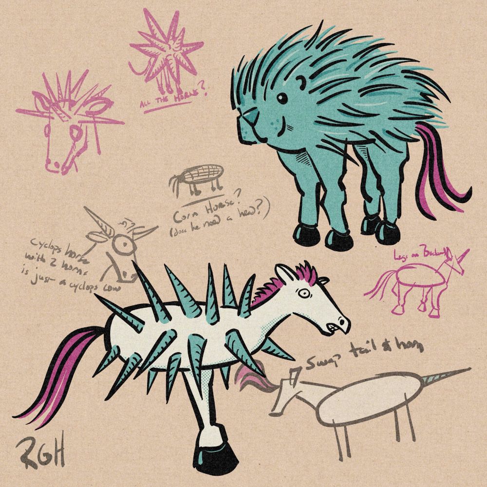 Digital sketches based on the prompt “Unicorn, but backwards.” Porcupine Horse, a spiked monstrosity with one leg, sketches of other possibilities in the background, including a really nice stick figure unicorn with a horn tail and a tail on his forehead.