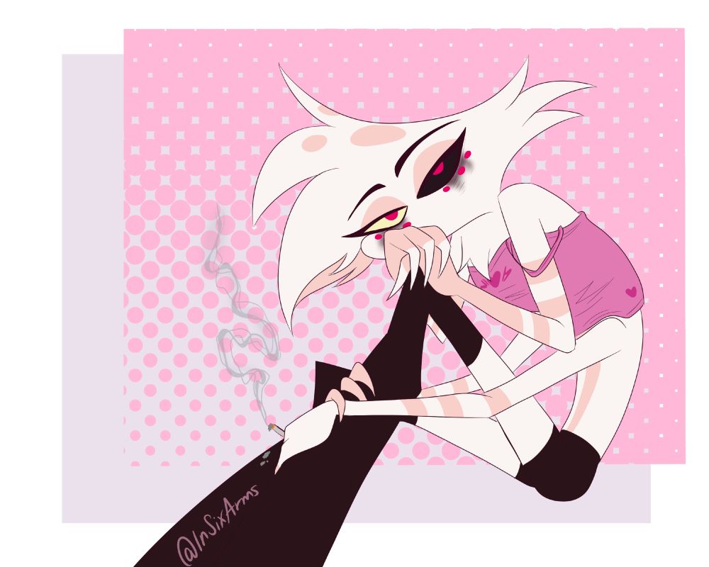 A digital drawing of Angel Dust from Hazbin Hotel wearing a cropped pink tank top, black shorts, and black thigh high boots. He's in a sitting position with two hands folded on his knee and his face resting on them. His eyes have black mascara tear stains. His lower set of hands are wrapped around his leg with one hand holding a smoking cigarette and ash falling on his boot.