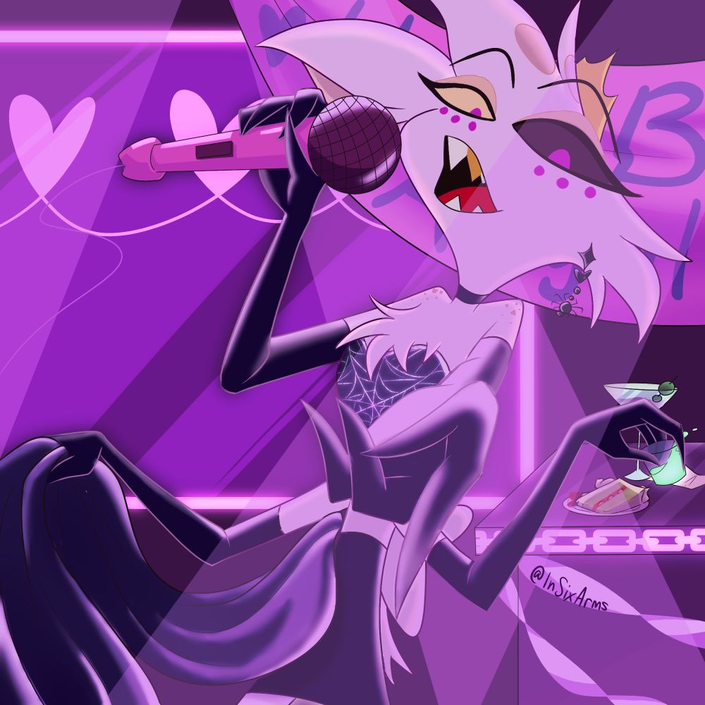 A digital drawing of Angel Dust from Hazbin Hotel in his birthday outfit. He's singing karaoke and pointing at the viewer while holding a shot in one hand and a mic in another. Behind him is a bar with streamers, a piece of cake, and a martini with a banner above them on the right side. On the left is a large glowing screen with linked pink hearts on it.