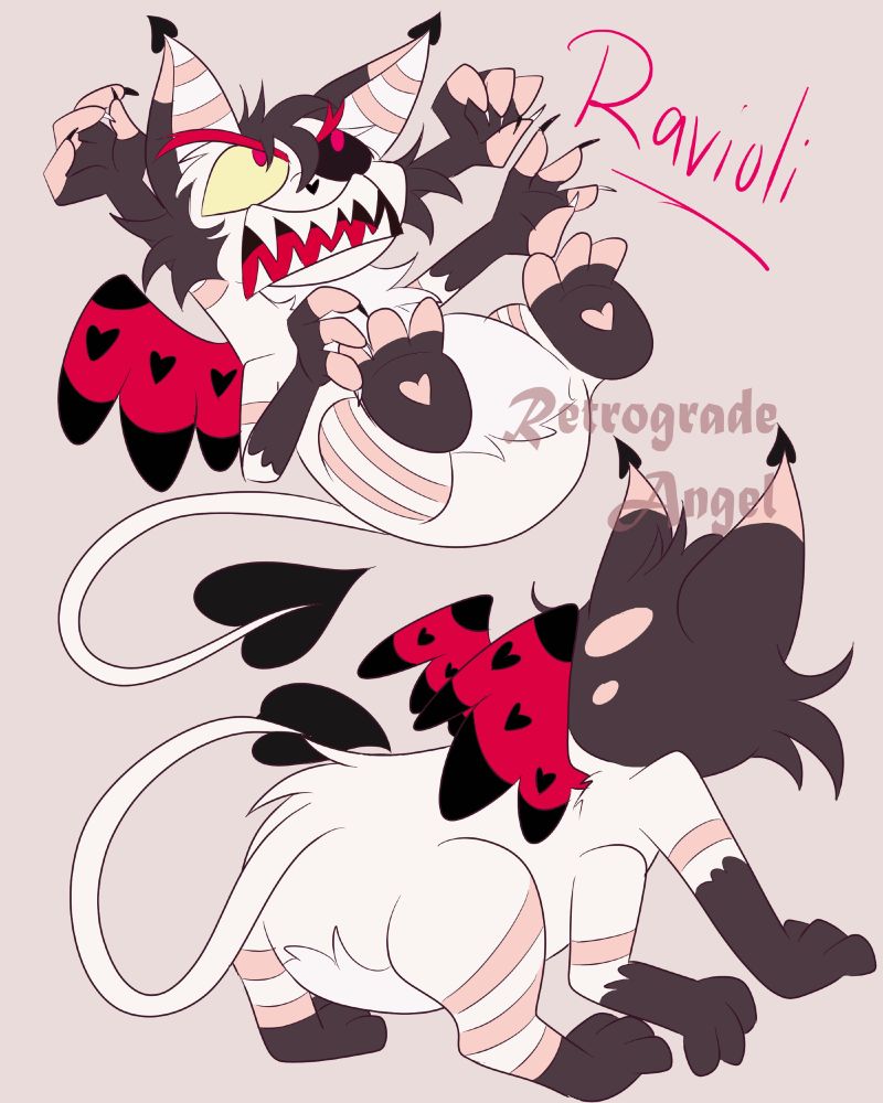 Ravioli, my huskerdust fankid. She looks like a kitten with four arms, wings, and a long tail. She's mostly white with dark grey feet, arms, and head. She also has pink bands as markings on her arms and legs, and her wings are red with black hearts and tips.